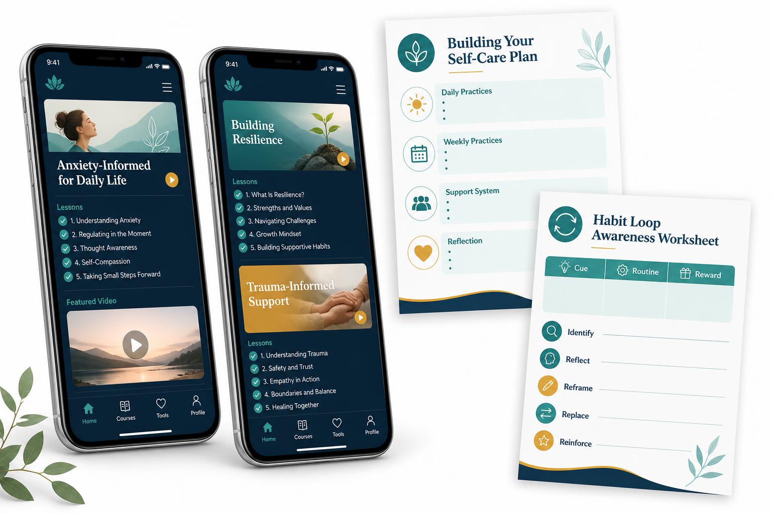 4C platform showing courses, lessons, and worksheets on phones and printouts