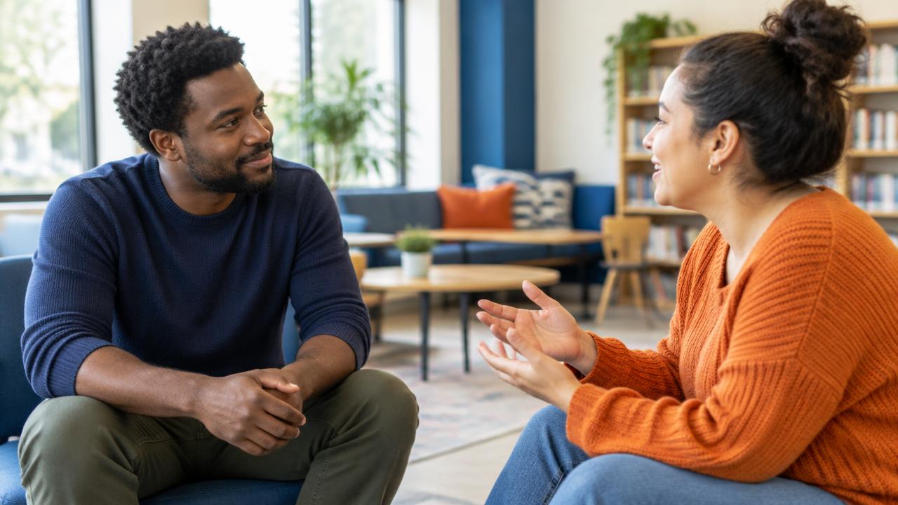 Two people sharing a supportive conversation in a welcoming community space