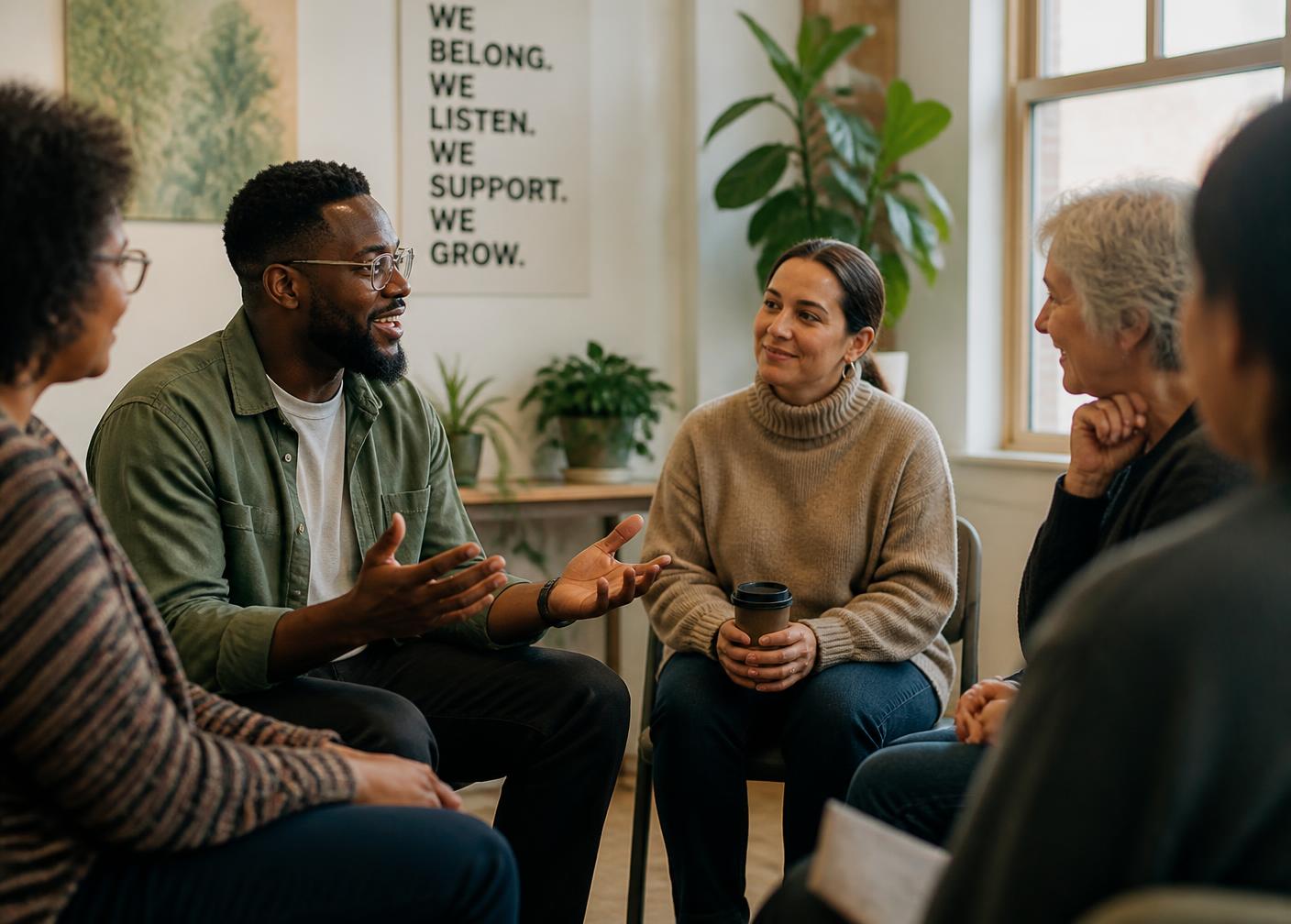 A diverse group sharing a supportive conversation in a bright community space