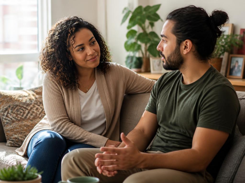 A woman listening with compassion as a man shares during a supportive conversation on a sofa