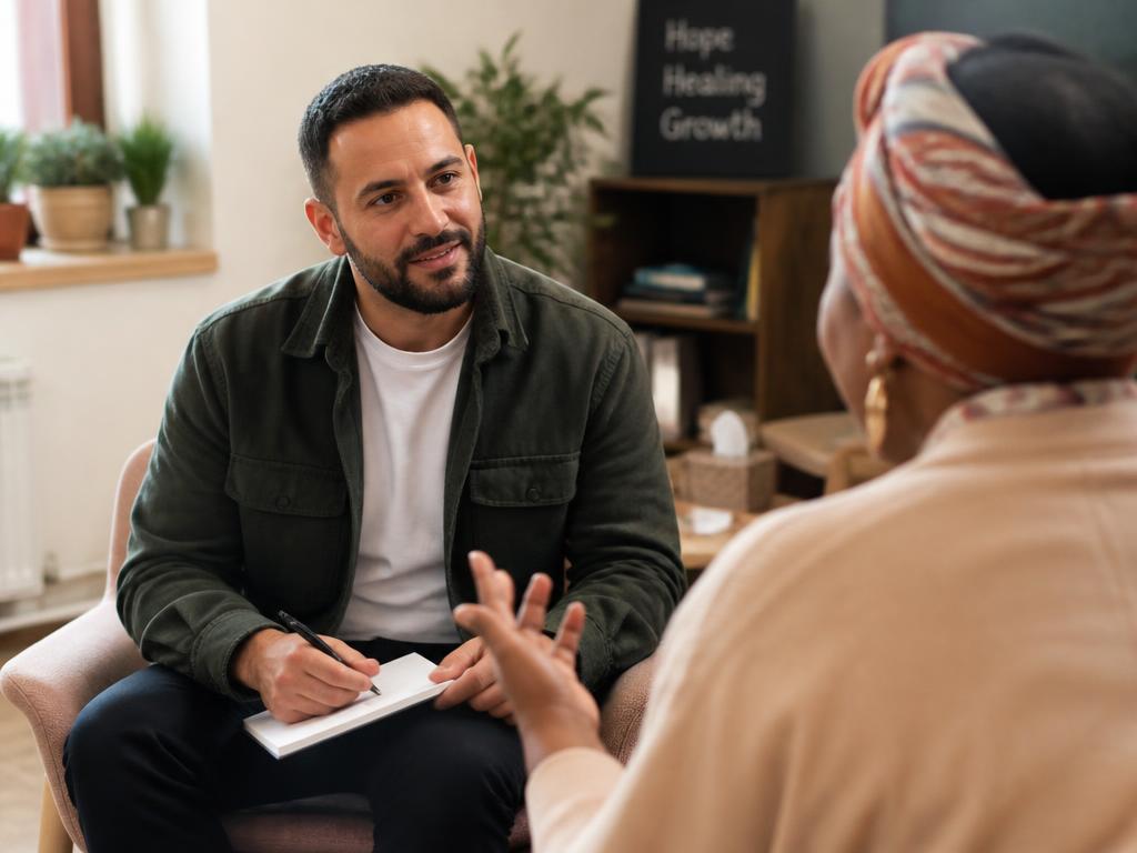 A man listening attentively and taking notes during a supportive one-on-one conversation