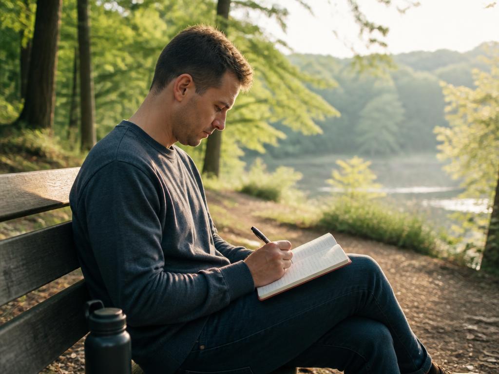 A man journaling alone on a park bench in peaceful morning light