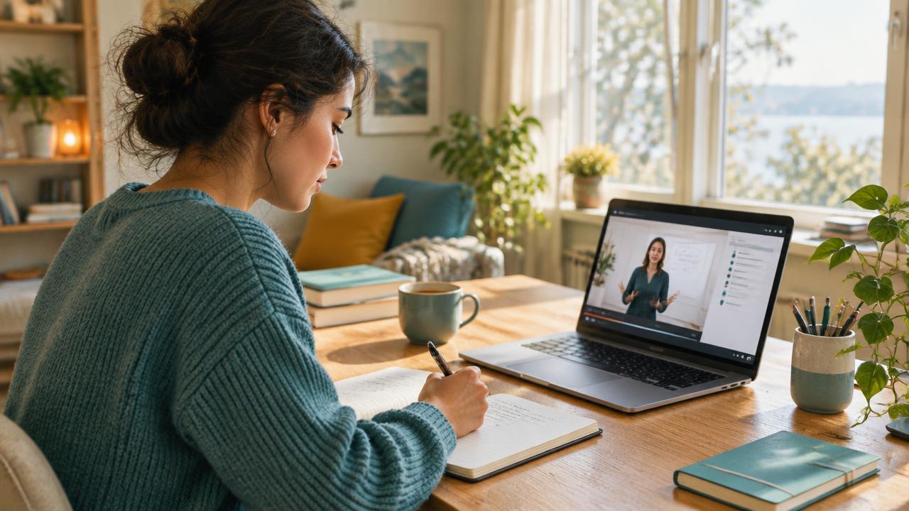 A person taking notes while completing an online course on a laptop at home