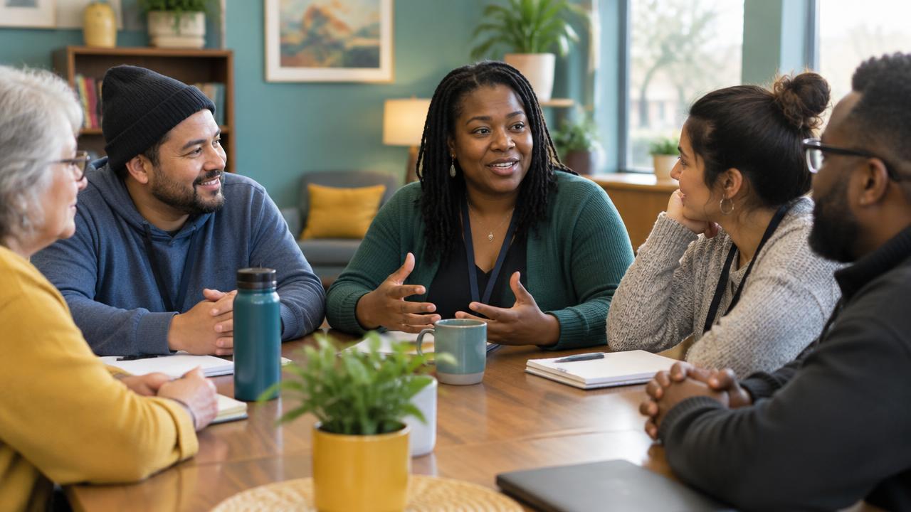 Community behavioral health workers in conversation around a table in a bright community room